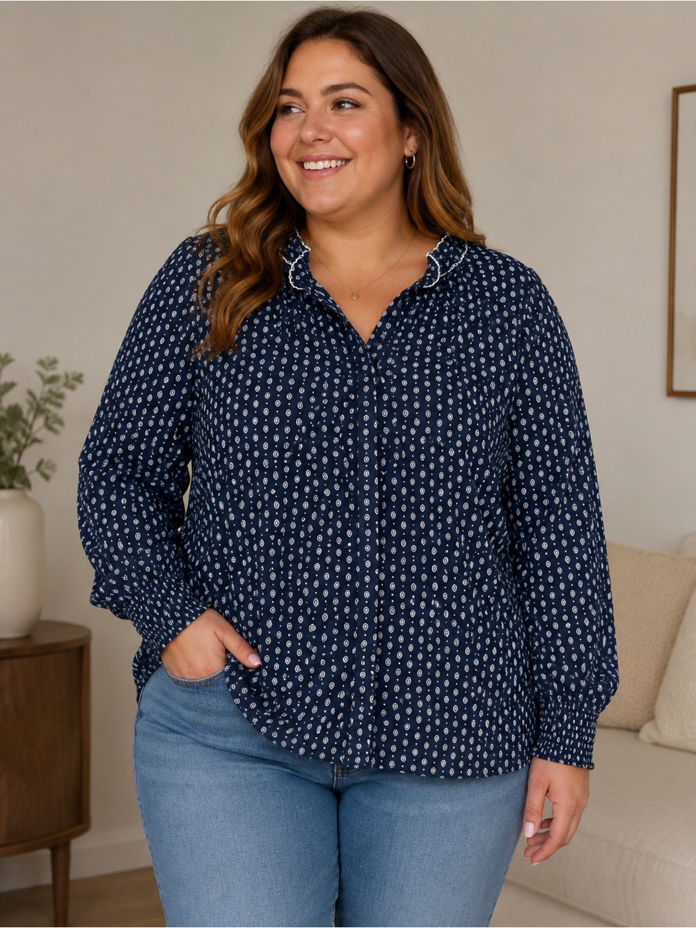 Time and Tru Navy Printed Ruffle-Trim Button Front Blouse